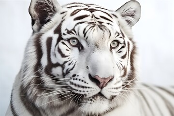 Close-up, Enigmatic, All-white Siberian Tiger, poster-like, white backdrop 