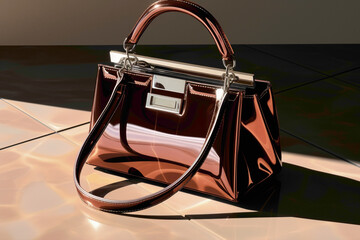 A high-definition render of an elegant single purse, placed against a modern backdrop, with shadows and reflections adding depth to the composition.