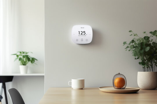 A high-tech, voice-controlled smart thermostat mounted on a living room wall, displaying the current temperature and weather forecast.