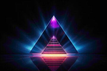 Illuminated 3D pyramid logo with a holographic sheen, standing out against a dark background with a futuristic aura
