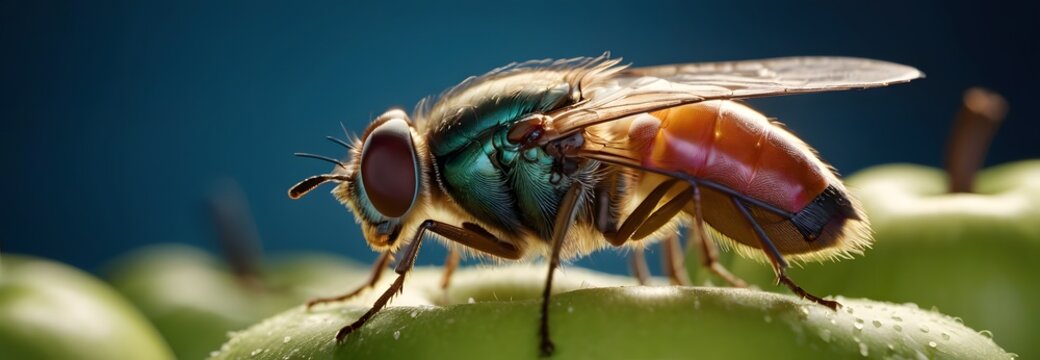 a fly is sitting on top of a green apple . High quality