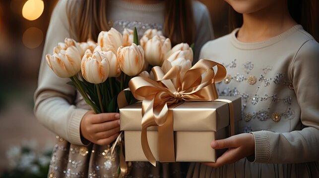 Two girls holding bouquet flower and gift box on light bokeh background. Mother's day-valentine's day. greeting card. presentation.