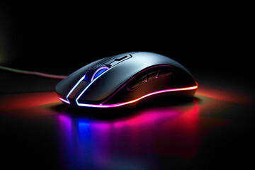 A close-up shot of a wireless computer mouse with customizable RGB lighting, casting a vibrant glow against a dark background.