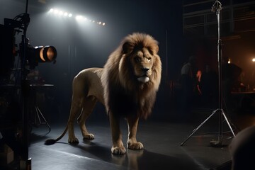 lion in a studio posing for the camera, shiny fur, full body