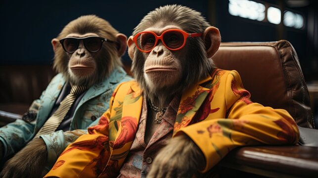 Monkey couple in fashion suit on dark background. 