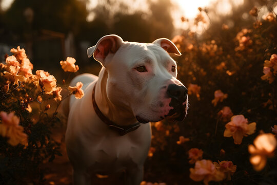 Argentine Dogo in the garden flowers golden hour