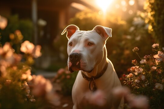 Argentine Dogo in the garden flowers golden hour