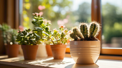 Charming potted cactus on a windowsill, bathed in soft sunlight, adding a touch of nature to a living space