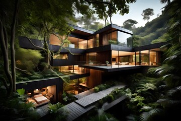 The house overlooks a ravine filled and junglelike foliage