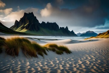 Sand dunes on the Stokksnes on southeastern Icelandic coast with Vestrahorn  - obrazy, fototapety, plakaty