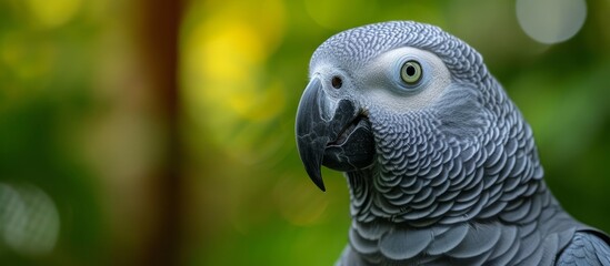 Fototapeta premium Close up of an African grey parrot with its head turned towards the camera, showing its vibrant feathers, sharp beak, and piercing eye