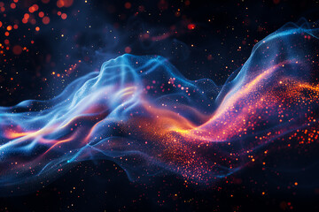 Dynamic swirl of colorful particles and energy pulses. - obrazy, fototapety, plakaty
