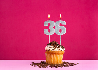 Birthday cupcake with candle number 36 - Birthday card on pink background