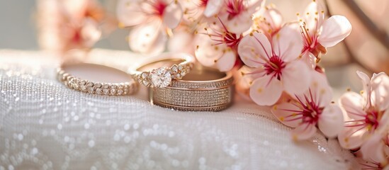 Fototapeta na wymiar Elegant wedding rings on white surface with delicate pink flowers - romantic marriage celebration concept