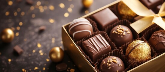 Delicious assortment of luxury chocolates in a golden gift box with a elegant bow