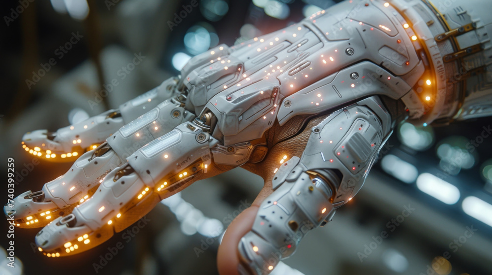 Poster a person dons a haptic suit representing the merging of physical and digital worlds through augmente