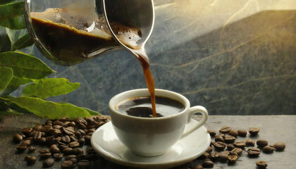 美味しそうなホットコーヒーを注ぐイメージ素材。An image material of pouring delicious-looking hot coffee.