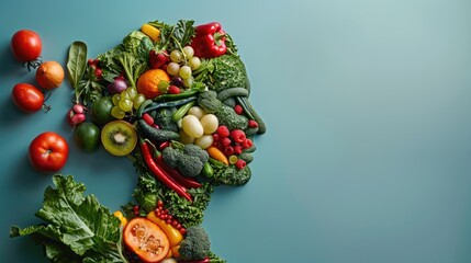A woman's head made of vegetables, berries and fruits on a blue background.