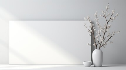 A flowering branch in a white jug and a white canvas on a gray background. Spring sale. - obrazy, fototapety, plakaty