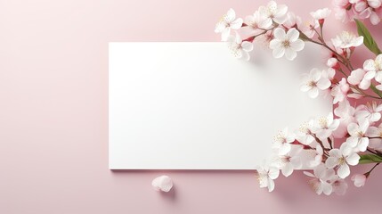 Flowering branches and a white leaf on a pink background. Spring sale.