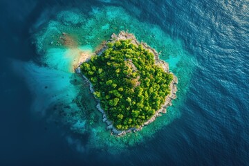 An island covered with forests and illuminated by the sun in the middle of the ocean.