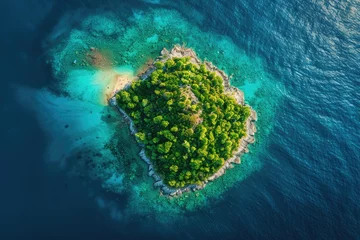 Tuinposter An island covered with forests and illuminated by the sun in the middle of the ocean. © kvladimirv