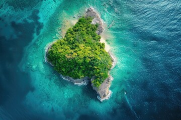 Top view of a beautiful island with lots of vegetation. - obrazy, fototapety, plakaty