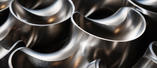 A detailed shot of various metal pipes, including automotive exhaust components, made of nickel, aluminum, and silver, against a black background
