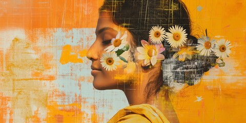 Portrait of an Indian woman with blonde hair adorned with flowers on her face, presenting an abstract contemporary art collage.