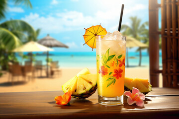 A tropical paradise in a glass a?" a single glass of exotic fruit juice, featuring a medley of colorful fruits and a stylish straw, capturing the essence of a sunny day.