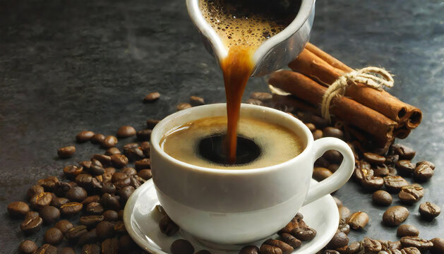 An image material of pouring delicious-looking hot coffee.