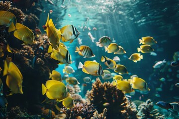 Fototapeta na wymiar Underwater scene with a school of tropical fish near a vibrant coral reef Showcasing biodiversity