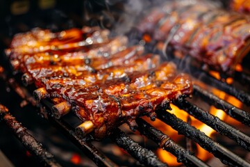 Barbecue ribs on a grill Capturing the essence of summer cooking with smoke and flames