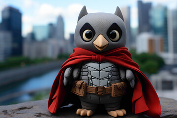 A playful penguin plushie on a table, wearing a tiny superhero cape, with a cityscape backdrop made of building blocks.