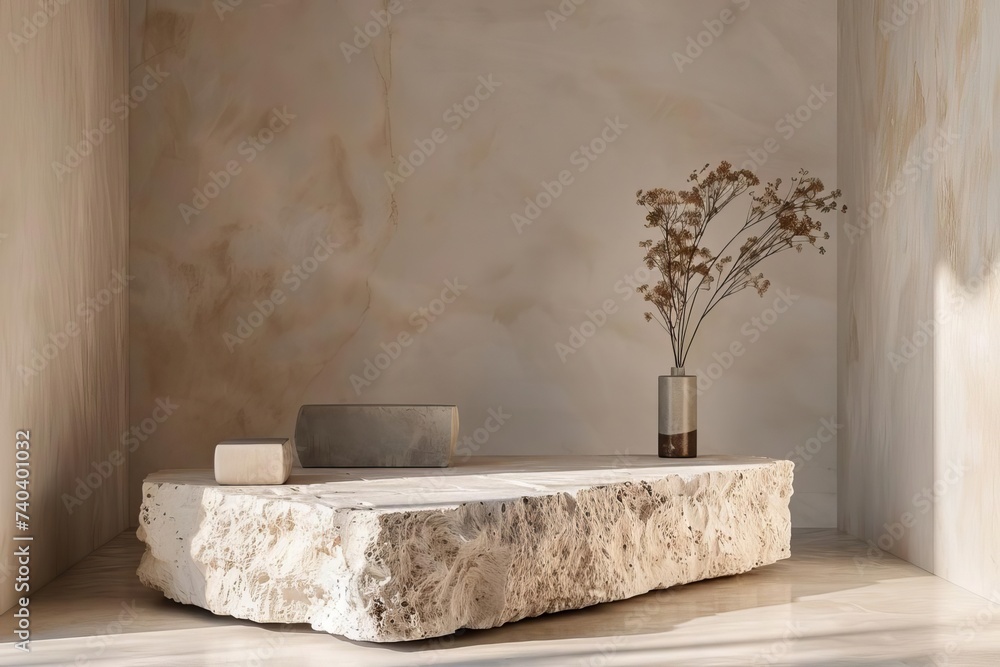 Aufkleber minimalistic display with a stone podium in a serene setting perfect for product showcases and brand
