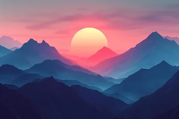 Poster Im Rahmen Mountain landscape at sunset Rendered in a minimalist style with a focus on color gradients and simplicity © Bijac