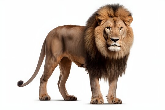 adult lion standing on white background posing for the camera, full body © Pablo