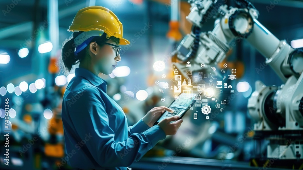Poster female engineer with a tablet controlling automated robotics in a manufacturing unit.