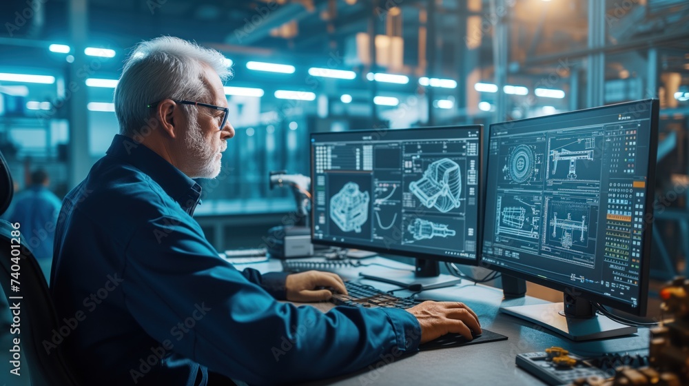 Poster focused engineer with glasses analyzing cad designs on multiple computer monitors.