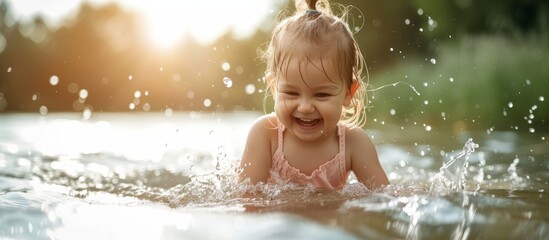 Joyful little girl playing in refreshing water surrounded by floating hair, enjoying summer fun