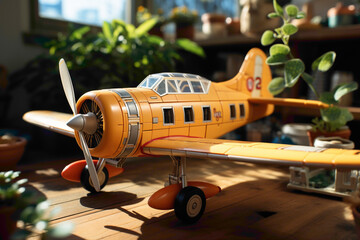 A close-up shot of the small 3D aeroplane toy resting on a wooden table, with the soft sunlight casting realistic shadows. A creative, miniature tree adds a touch of whimsy to the scene. - Powered by Adobe