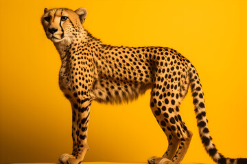 Cheetah standing on yellow background posing for camera, full body