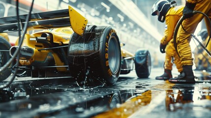 Pit crew in action during a high-speed race, changing tires under bright lights