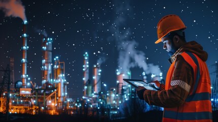 Worker in safety gear using a tablet to monitor nocturnal activities at an industrial plant.
