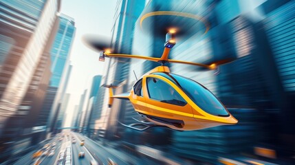 yellow autonomous flying taxi speeding through a blur of city buildings