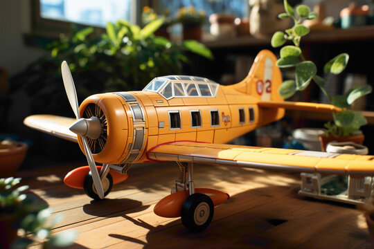 A close-up shot of the small 3D aeroplane toy resting on a wooden table, with the soft sunlight casting realistic shadows. A creative, miniature tree adds a touch of whimsy to the scene.