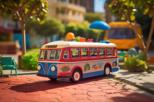 A toy bus parked near a tiny park, with a tiny playground and benches in the background.