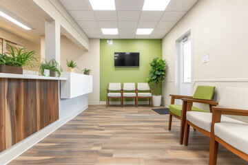 A veterinary clinic reception area with a welcoming design, featuring a wood-finished front desk, comfortable seating with green accents, indoor plants, and a clean, bright interior.