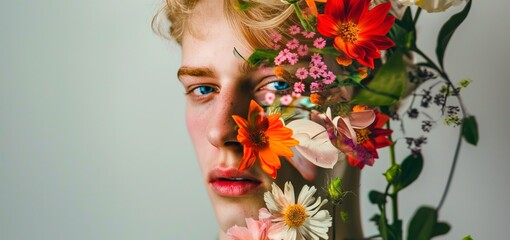 Portrait of a young blonde man with flowers adorning his face, showcasing an abstract contemporary art collage.
