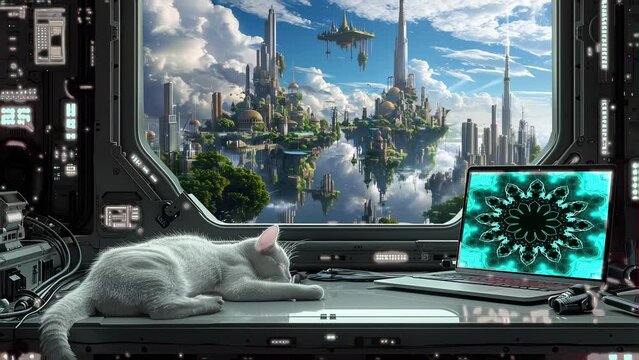 Futuristic View of a Floating City from a Desk on a Fantasy Space Station with a Sleeping Cat